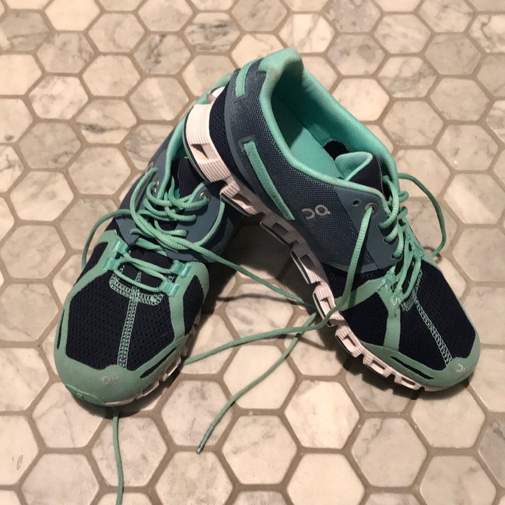 Cloud mint and navy tennis shoes